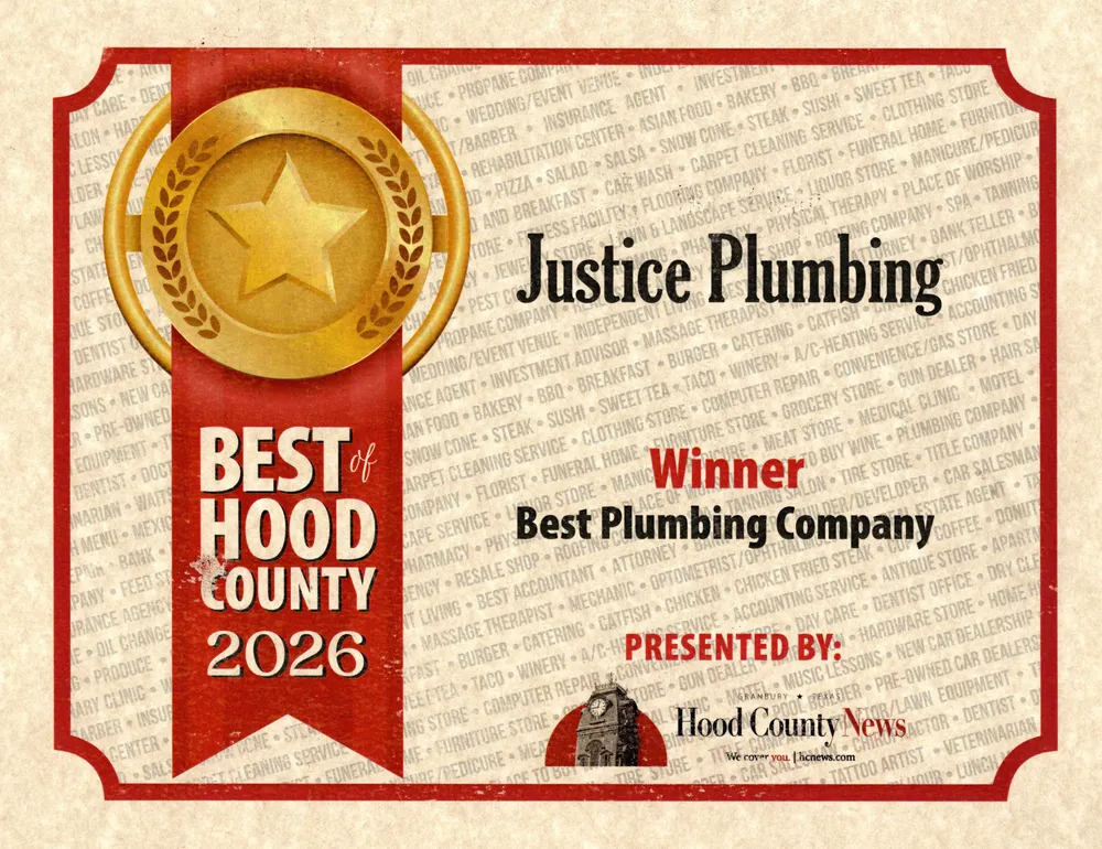 Justice Plumbing Best of Hood County 2026 winner certificate for Best Plumbing Company, presented by Hood County News