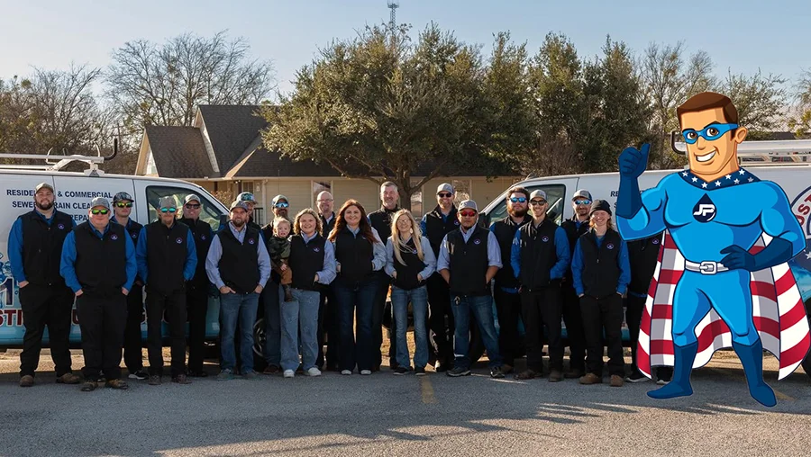 Justice Plumbing team photo in Granbury area with service vans, highlighting professional residential and commercial plumbing services.