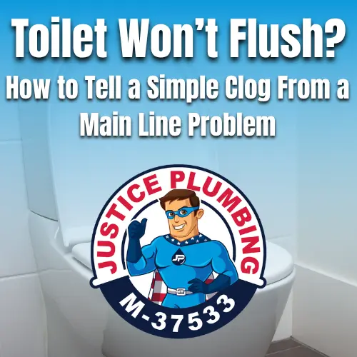 Justice Plumbing blog graphic asking "Toilet Won't Flush?" with superhero mascot logo over a white toilet
